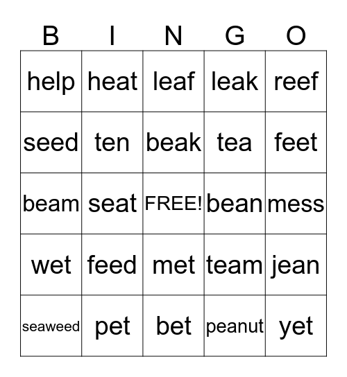 "e" words Bingo Card