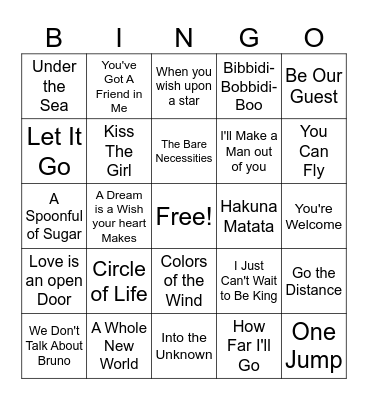 Disney Songs Bingo Card