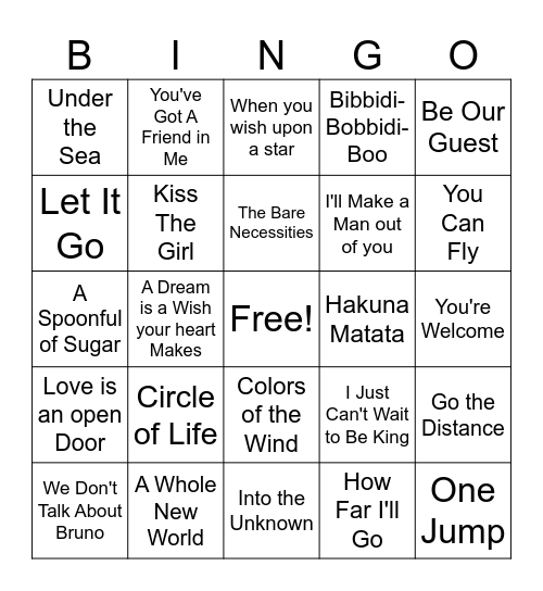 Disney Songs Bingo Card