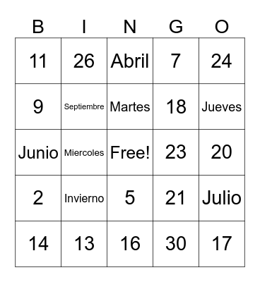 Español 1 Bingo Card