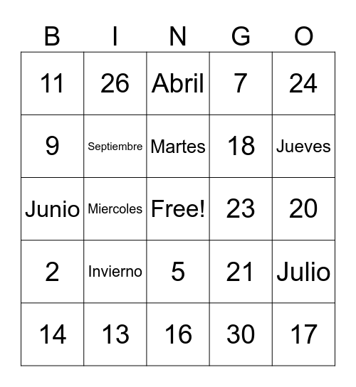 Español 1 Bingo Card