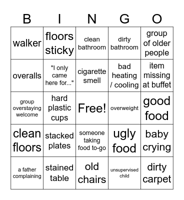 Golden Corral Bingo Card