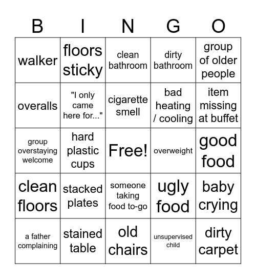 Golden Corral Bingo Card