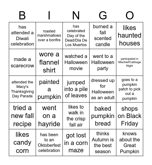 Fall Mingle Bingo Card