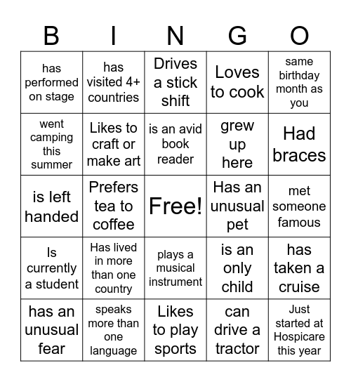 Hospicare Bingo Card