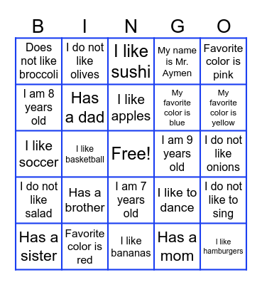 All About Me Bingo Card