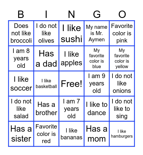 All About Me Bingo Card