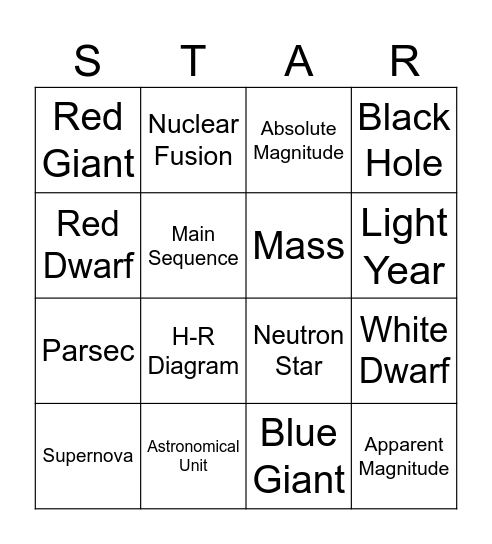 Stars, H-R Diagram, and Size of Space Review Bingo Card