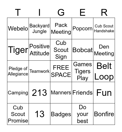 Tiger Cub Bingo Card