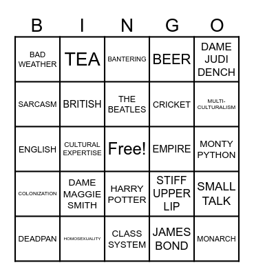Englishness Bingo Card