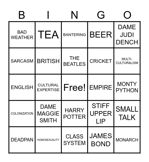 Englishness Bingo Card