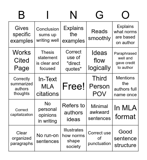 Peer Review P1 Bingo Card