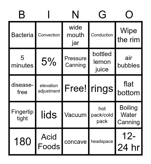 Food Preservation Bingo Card