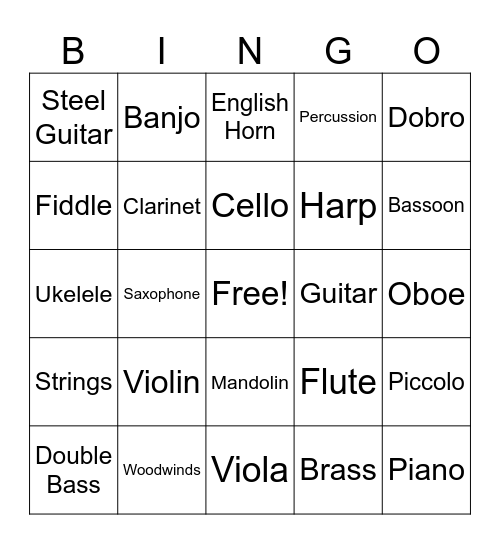 Instrument Families Bingo Card