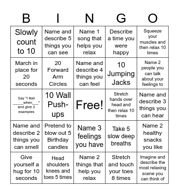 Coping Skills Bingo Card
