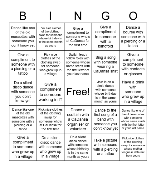 CaDansa Bingo Card