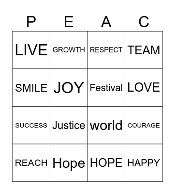 PEACE Bingo Card