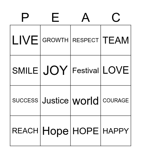 PEACE Bingo Card