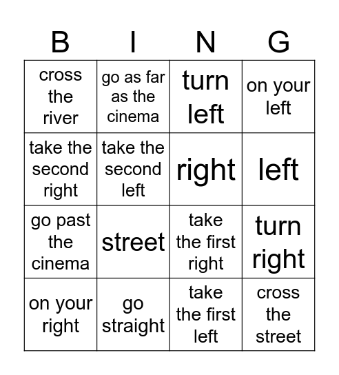 Directions Bingo Card