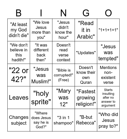 Idiotic Muslim Bingo Card