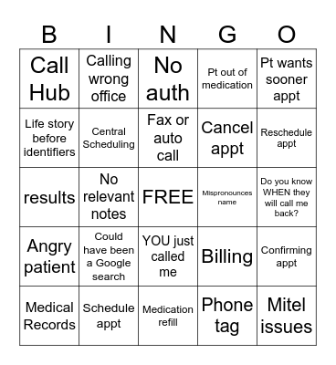 Call Center Bingo Card