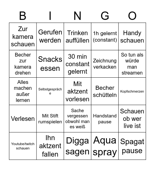 Sachen die ich tue/sage beim lernen Bingo Card