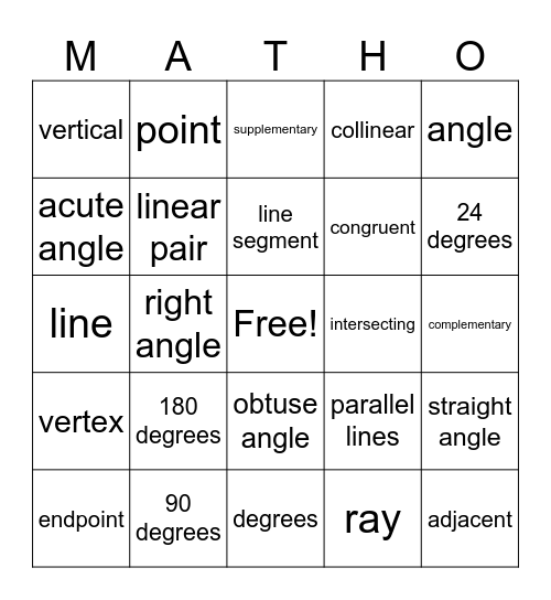 Angle Relationships Bingo Card