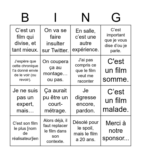 Le bingo du podcast ciné ! Bingo Card