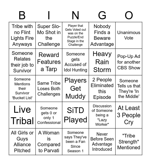 Survivor 49 Episode 1 Bingo Card