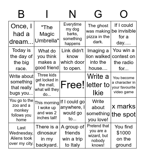 Story Starters - Grade 4 Bingo Card
