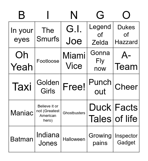 Joe Knows 80's Themes Bingo Card