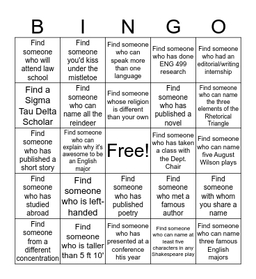 English Department's Winter Break Party Bingo Card