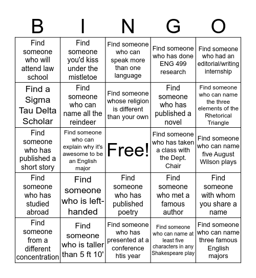 English Department's Winter Break Party Bingo Card