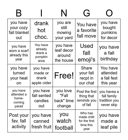 Fall Bingo Card