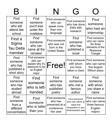 English Department's Winter Break Party Bingo Card