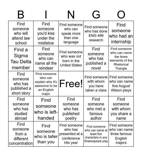 English Department's Winter Break Party Bingo Card