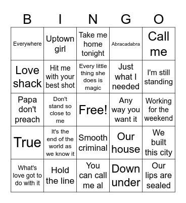 Joe Knows 80's Pop Bingo Card