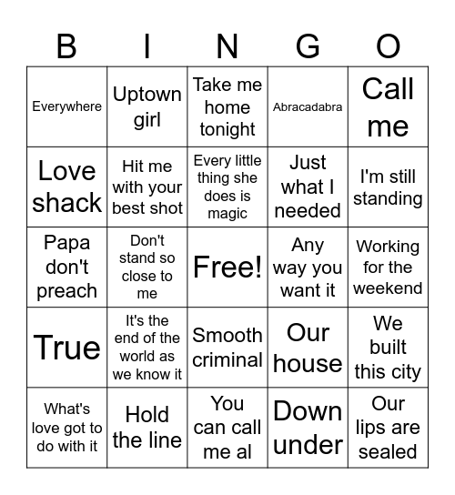 Joe Knows 80's Pop Bingo Card