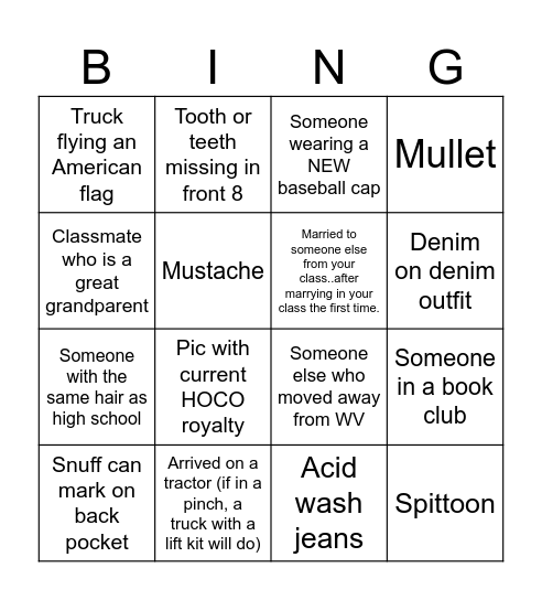 Tina's Class Reunion Bingo Card