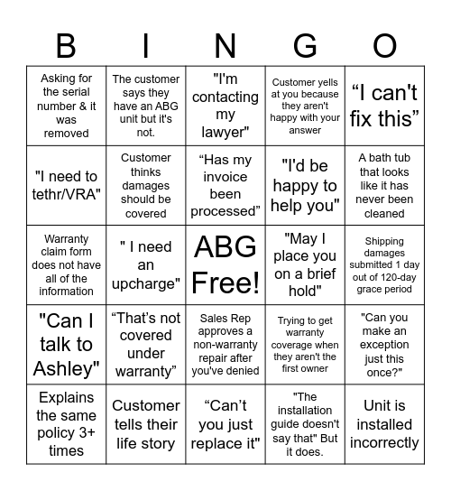 Warranty Bingo Card