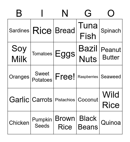 Nutrition Bingo Card