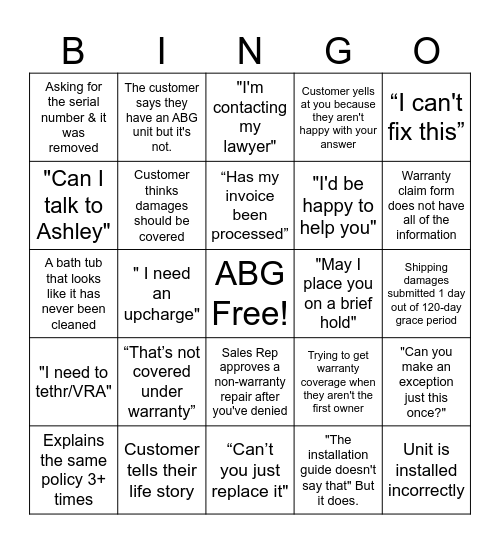 Warranty Bingo Card