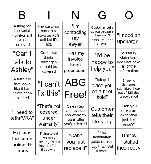 Warranty Bingo Card