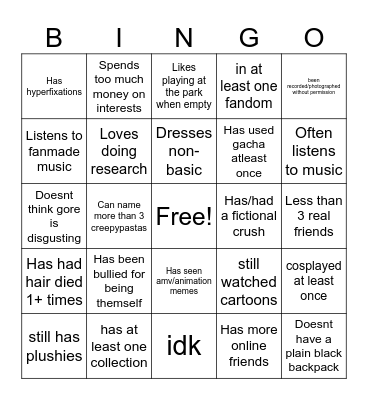 Weird kid bingo Card