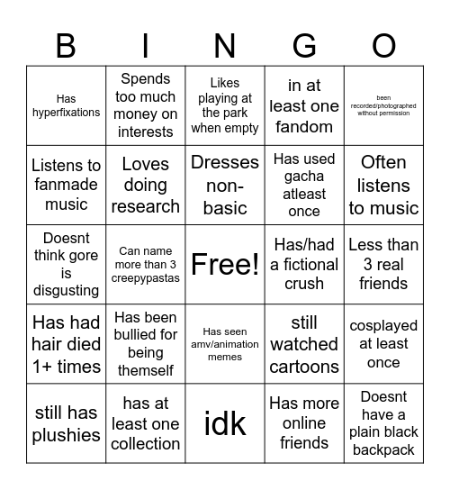 Weird kid bingo Card