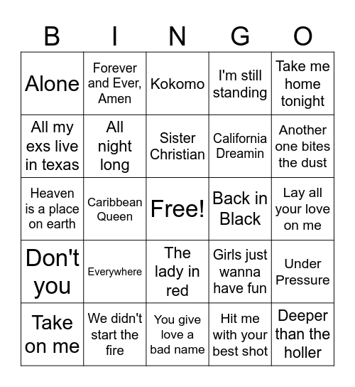 80s Mix Bingo Card