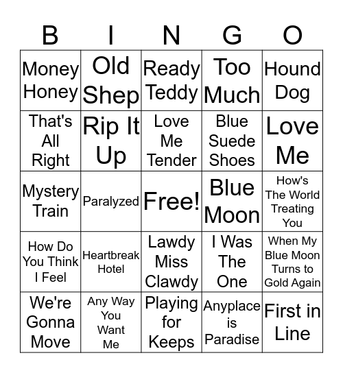 Elvis 1956 Songs Bingo Card