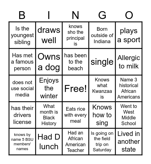 Black Student Union Bingo Card