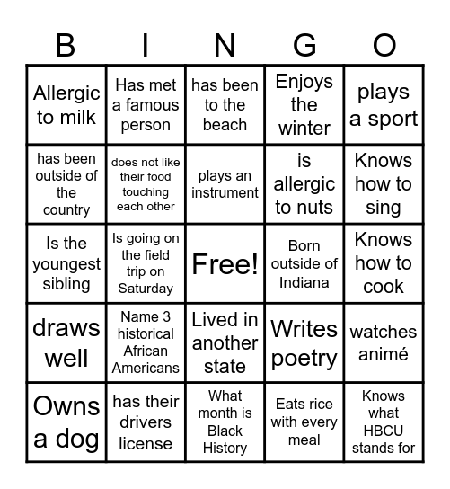 Black Student Union Bingo Card