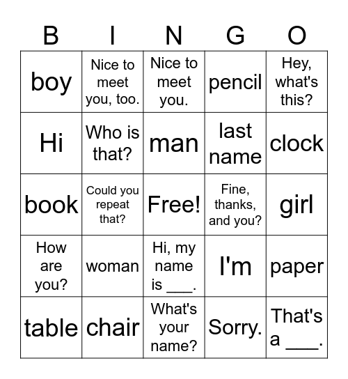 ESL unit 1 Bingo Card